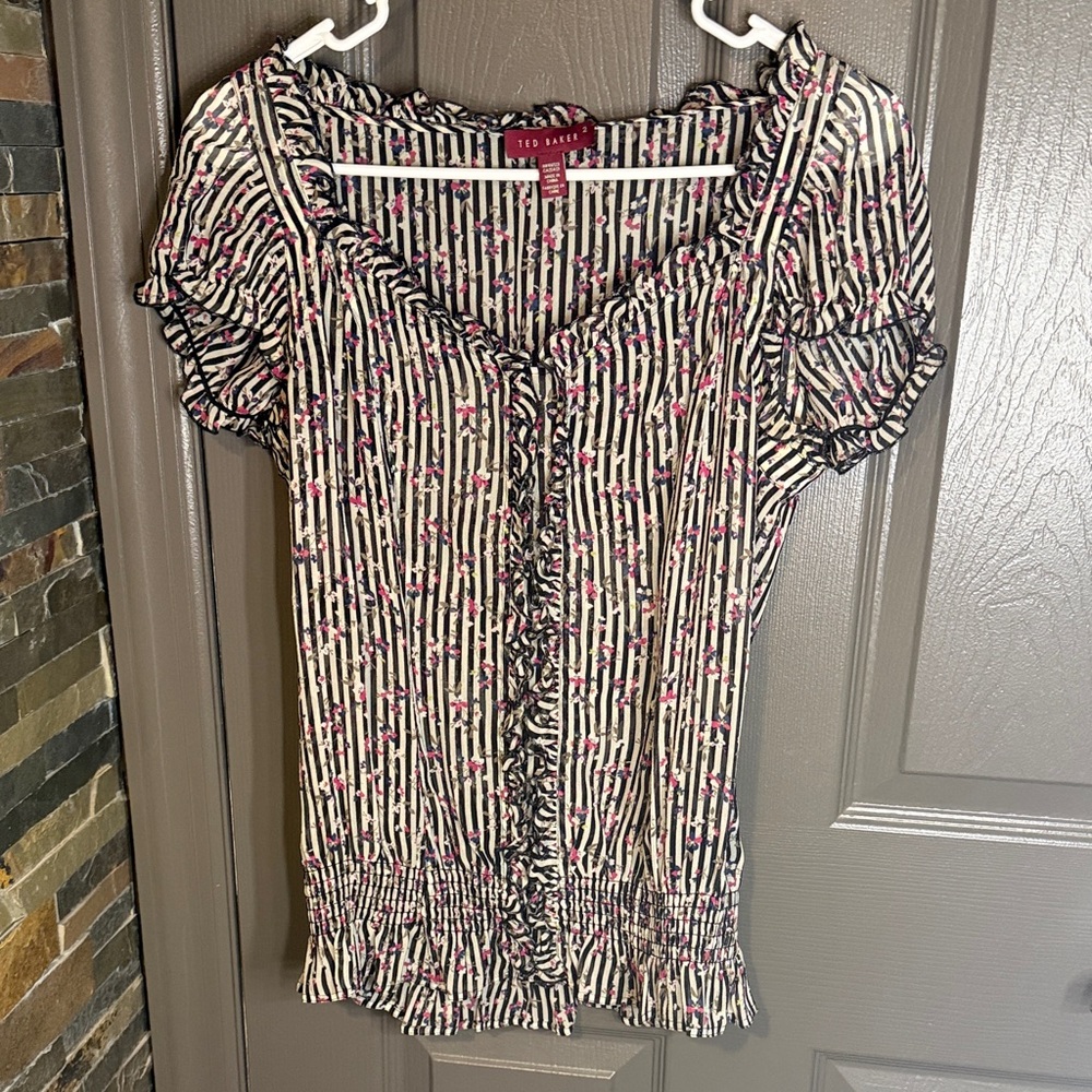 Ted Baker London Black and White Blouse with Pink Flower Accents